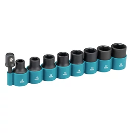 Makita 1/2" CR-MO gépi dugókulcs készlet 9db-os 8,10,12,13,14,15,17,18mm + 1/4"-1/2" adapter