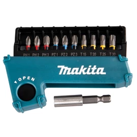 Makita 11 részes bitkészlet PH1,PH2,PH3,PZ1,PZ2,PZ3,T15,T20,T25,T30 bittartóval