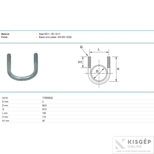 Grinnell U-kengyel P170 DN80/3` csőméretre M10 méreTyco galvanizált