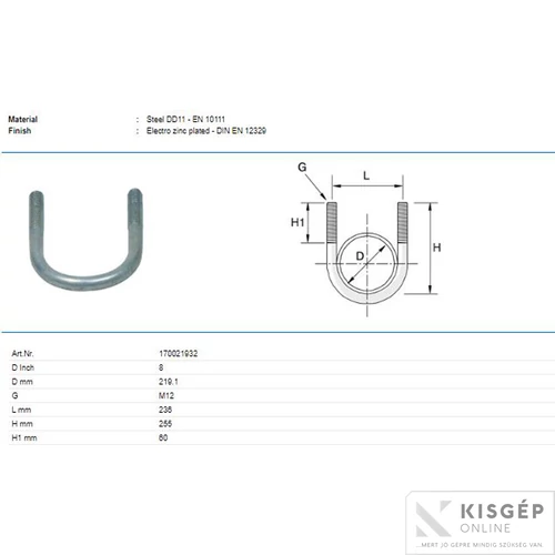 Tyco U-kengyel P170 M12 219,1mm         alátéTyco nélkül