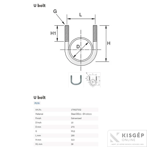 Tyco U-kengyel P170 M12 273mm           alátéTyco nélkül