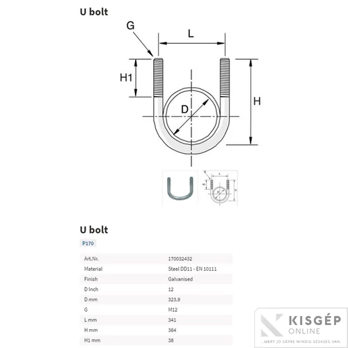 Tyco U-kengyel P170 M12 323,9mm         alátéTyco nélkül