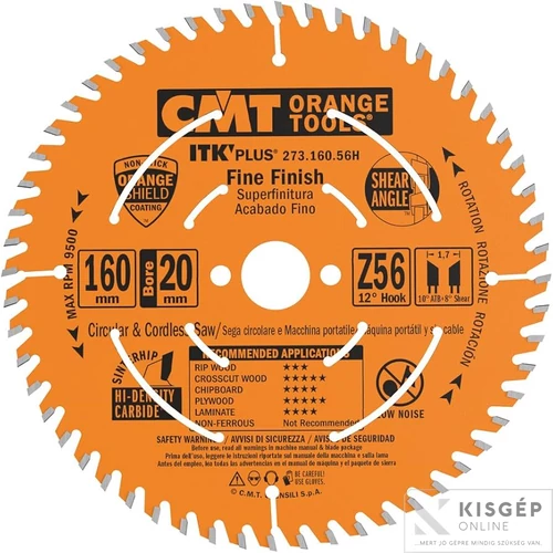 CMT ipari ITK PLUS hasító fűrészlap HW 160X1.8/1.2X20(+16) Z=56 ATB+S