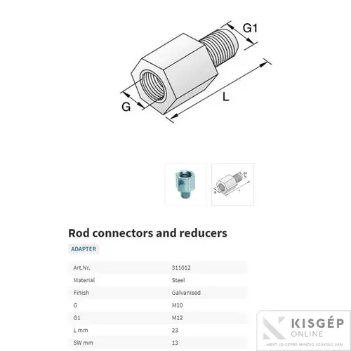 311012 Tyco Adapter Külső meneTyco M12 Belső meneTyco M10