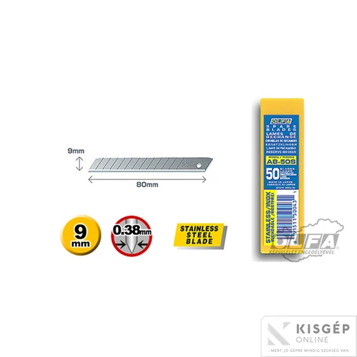 OLFA AB-50S - 9mm-es standard tördelhető rozsdamentes penge 50db