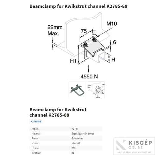 Tyco tartókapocs U-kengyellel 165mm     M10 furattal szerelő sínhez