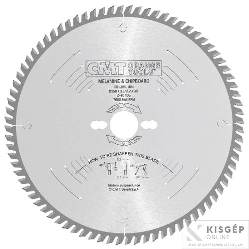 CMT körfűrésztárcsa kétoldalas bútor laphoz, 250X3.2/2.2X30 Z80 10HWG