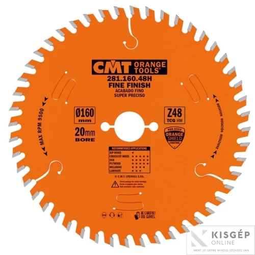 CMT körfűrésztárcsa  melamin bútor laphoz, HW 160x2.2/1.6x20+2 Z48 TCG 5POS