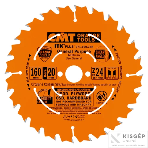 CMT ipari ITK PLUS hasító fűrészlap HW 160X1.8/1.2X20(+16) Z=24 ATB+SHEAR