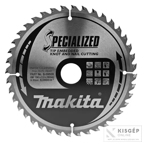 B-09503 Makita körfűrészlap SZÖG, CSOMÓSFA 190x30mm Z40