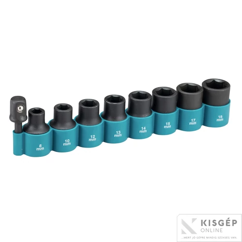 Makita 1/2" CR-MO gépi dugókulcs készlet 9db-os 8,10,12,13,14,15,17,18mm + 1/4"-1/2" adapter