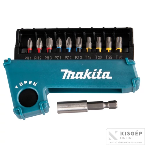 Makita 11 részes bitkészlet PH1,PH2,PH3,PZ1,PZ2,PZ3,T15,T20,T25,T30 bittartóval