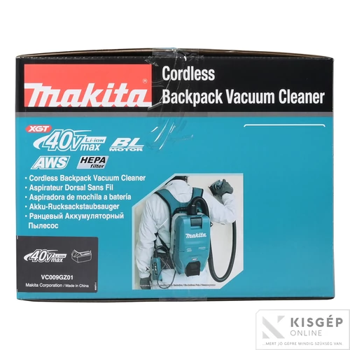 Makita 40Vmax XGT Li-ion BL AWS 18kPa 165W HEPA háti porszívó Z + adapter