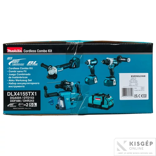 Makita DLX4155TX1 18V LXT Li-ion BL gépszett DDF486+DGA504+DHR243+DTD153+DX07 2x5,0Ah táskában